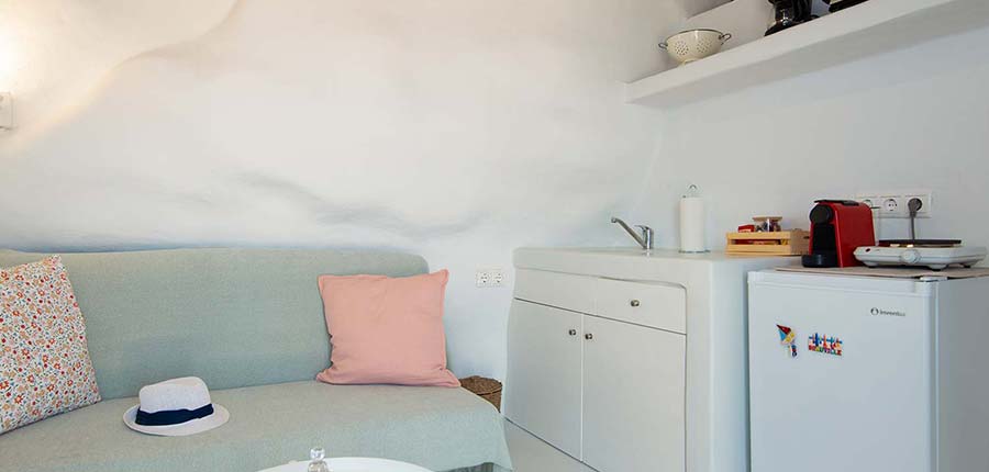 The kitchen of the Castle tiny house in Sifnos