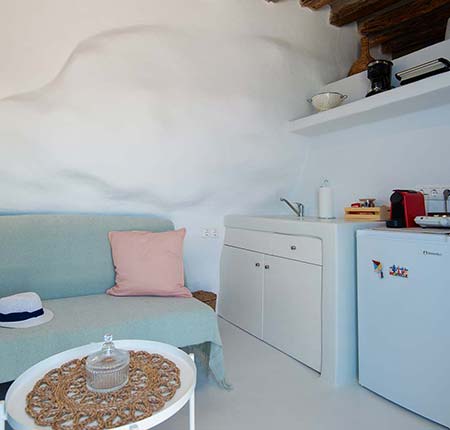 The kitchen of the Castle tiny house in Sifnos