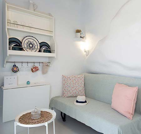 Sofa-bed at the Castle tiny house in Sifnos