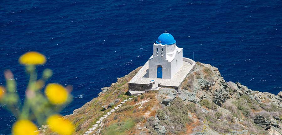 View at the small church of 7 Martyrs from Castle tiny house in Sifnos